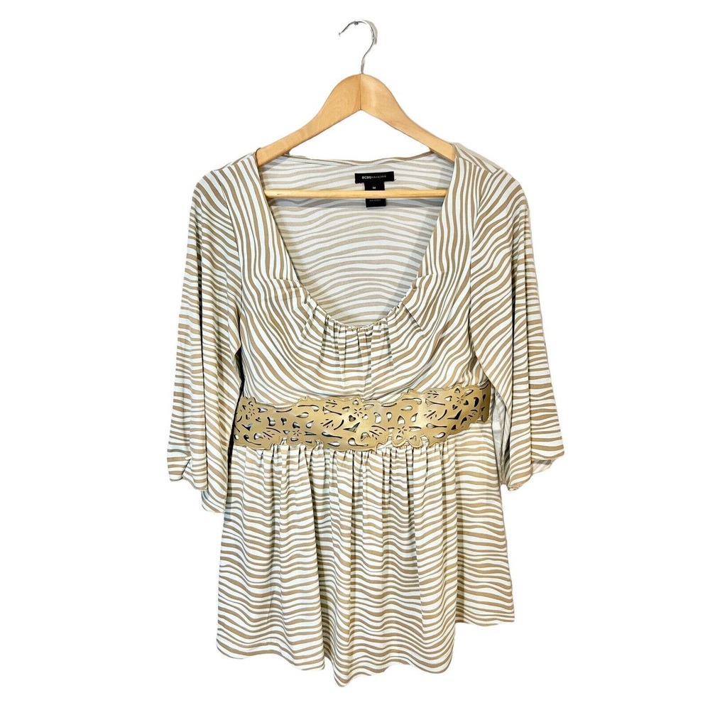 BCBG MAXAZRIA KNIT TOP WHITE TAN FAUX LEATHER BELT WOMENS MEDIUM